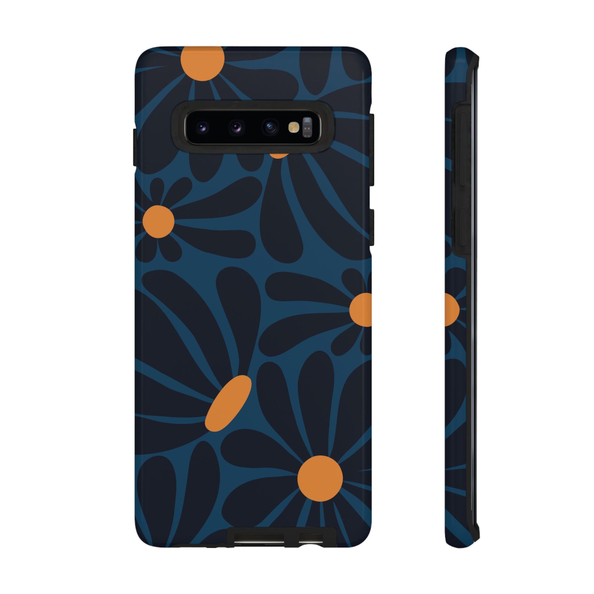 Dark Blue & Orange Daisy Pattern Phone Case - Blue Phone Case - Samsung Galaxy S10 / Glossy