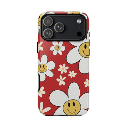 iPhone 17 Pro Max / Glossy Phone Case - Fun Retro Daisy Pattern with Red Background Phone Case