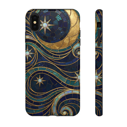 Elegant Navy & Gold Crescent Moon Mosaic Phone Case