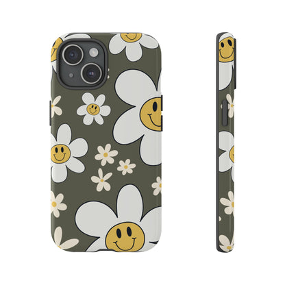 iPhone 15 / Glossy Phone Case - Fun Retro Daisy Pattern with Olive Green Background Phone Case