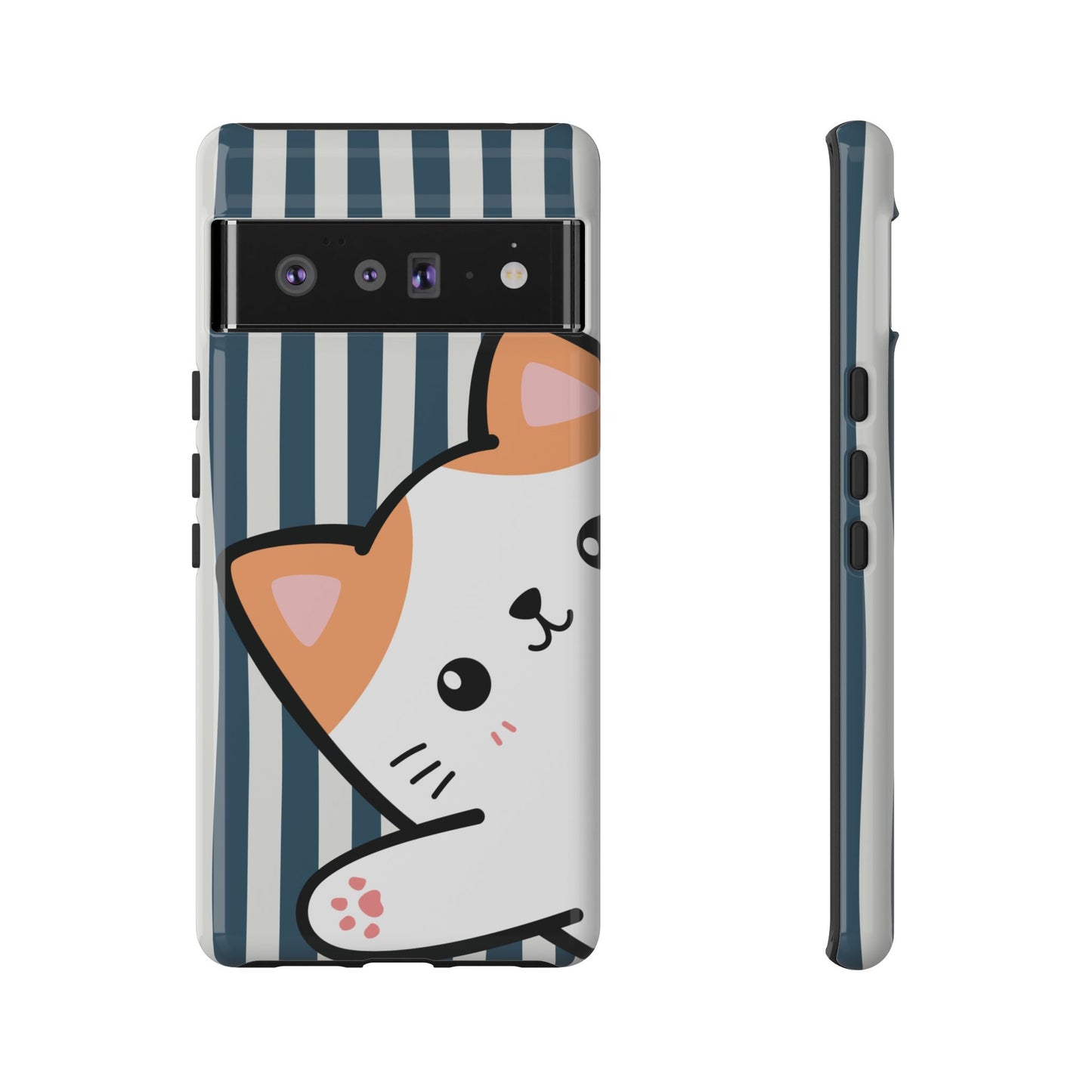 Playful Peakaboo Cat with Blue Stripe Pattern Phone Case - Blue Phone Case - Google Pixel 6 Pro / Glossy
