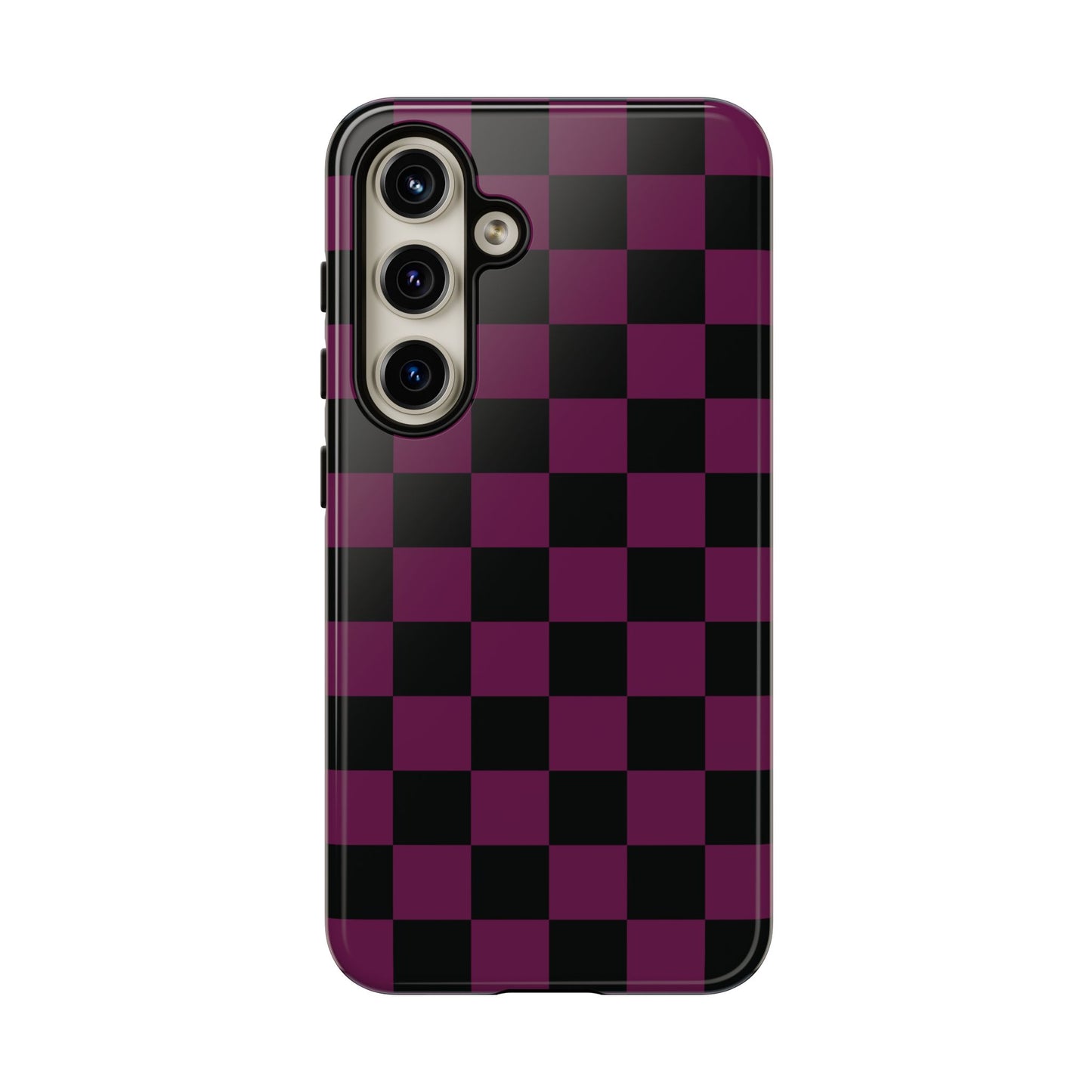 Samsung Galaxy S24 / Glossy Phone Case - Trendy Plum & Black Checked Pattern Phone Case