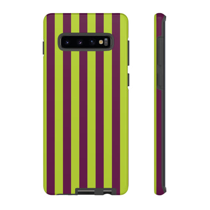Samsung Galaxy S10 Plus / Glossy Phone Case - Trendy Neon Lime Green & Plum Stripe Pattern Phone Case