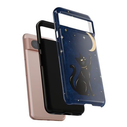 Whimsical Navy Blue Celestial Black Cat Phone Case