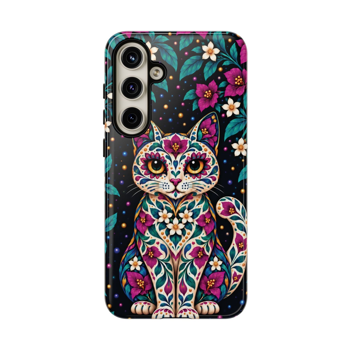 Vibrant Purple and Teal Calavera Cat Phone Case - Multicolor Phone Case - Samsung Galaxy S24 Plus / Glossy
