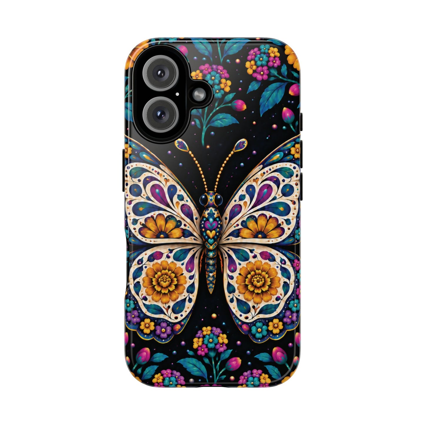 Vibrant Purple and Teal Calavera Butterfly Phone Case - Multicolor Phone Case - iPhone 16 / Glossy