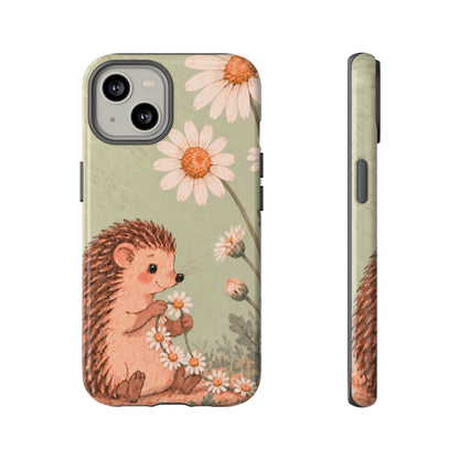 Whimsical Sage Green Hedgehog and Daisy Chain Phone Case - Green Phone Case - iPhone 14 / Glossy