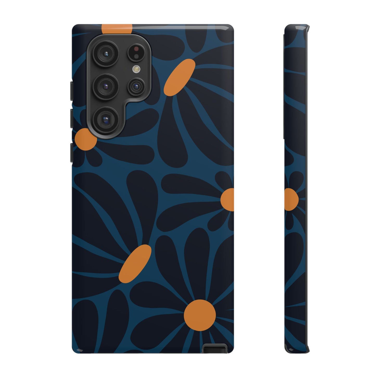 Samsung Galaxy S22 Ultra / Glossy Phone Case - ’Dark Blue & Orange Daisy Pattern’ Phone Case