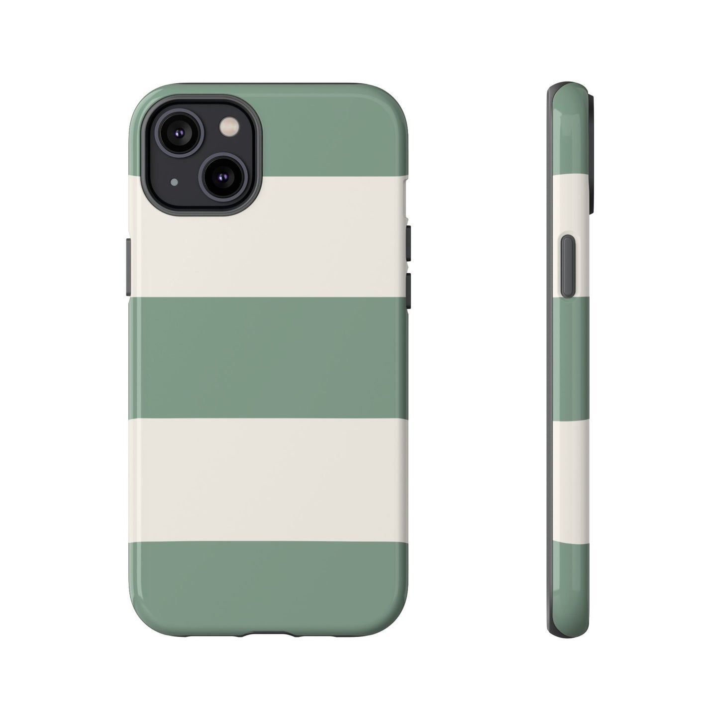 iPhone 14 Plus / Glossy Phone Case - Green & White Horizontal Stripe Pattern Phone Case