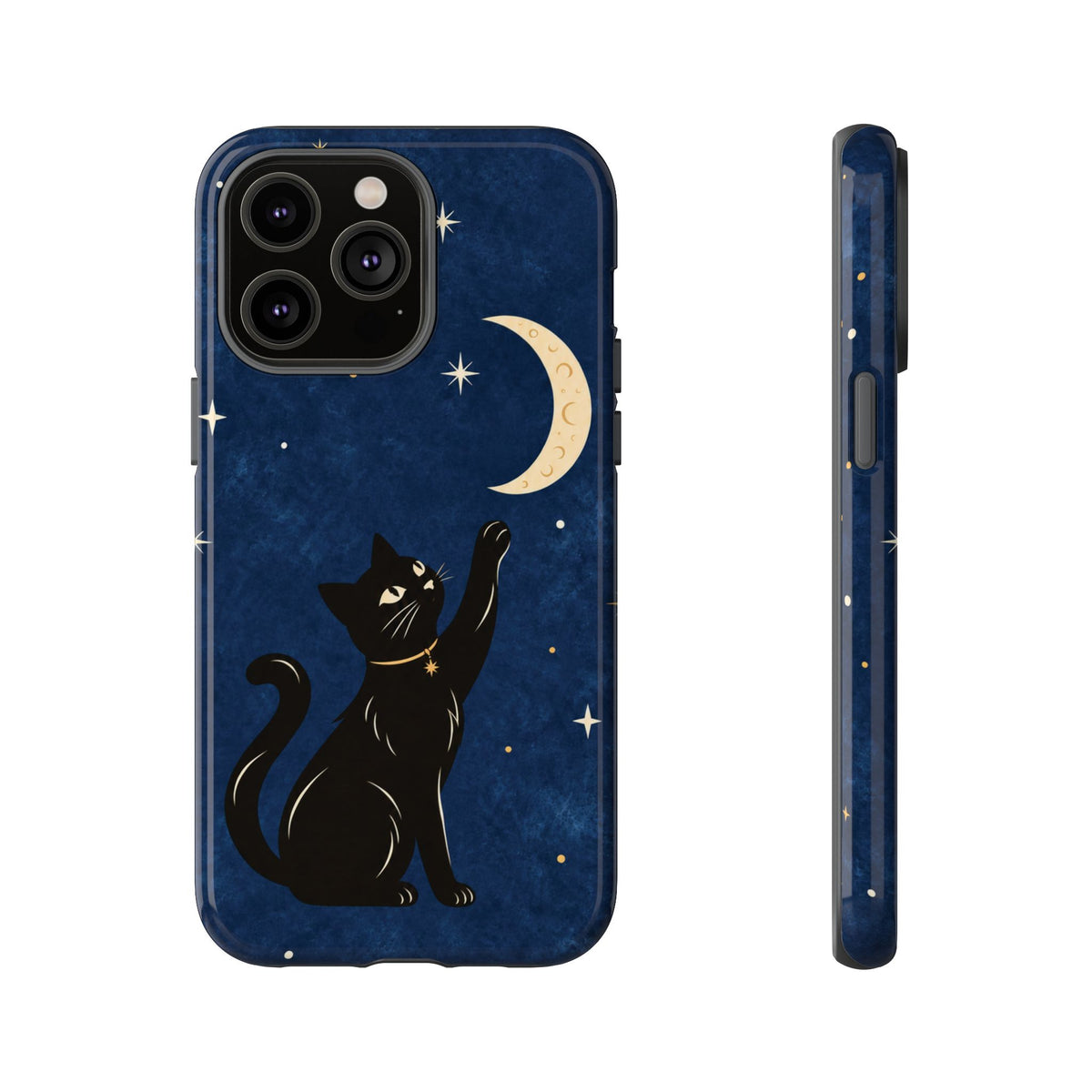 Whimsical Navy Blue Celestial Black Cat Phone Case