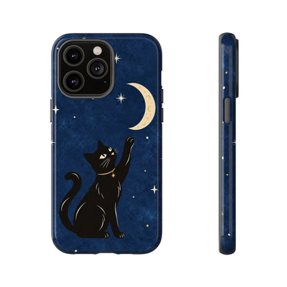 Whimsical Navy Blue Celestial Black Cat Phone Case
