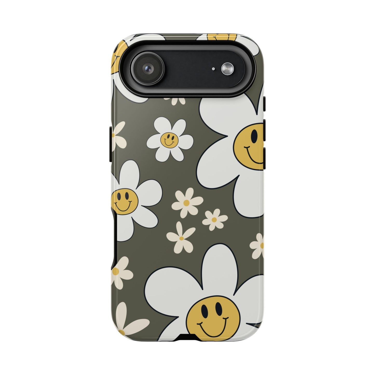 iPhone 17 Air / Glossy Phone Case - Fun Retro Daisy Pattern with Olive Green Background Phone Case