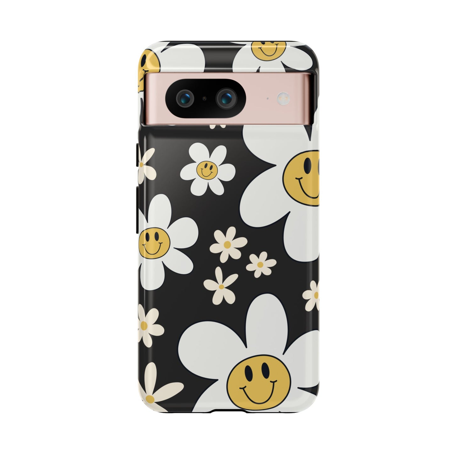 Google Pixel 8 / Glossy Phone Case - Fun Retro Daisy Pattern with Dark Grey Background Phone Case