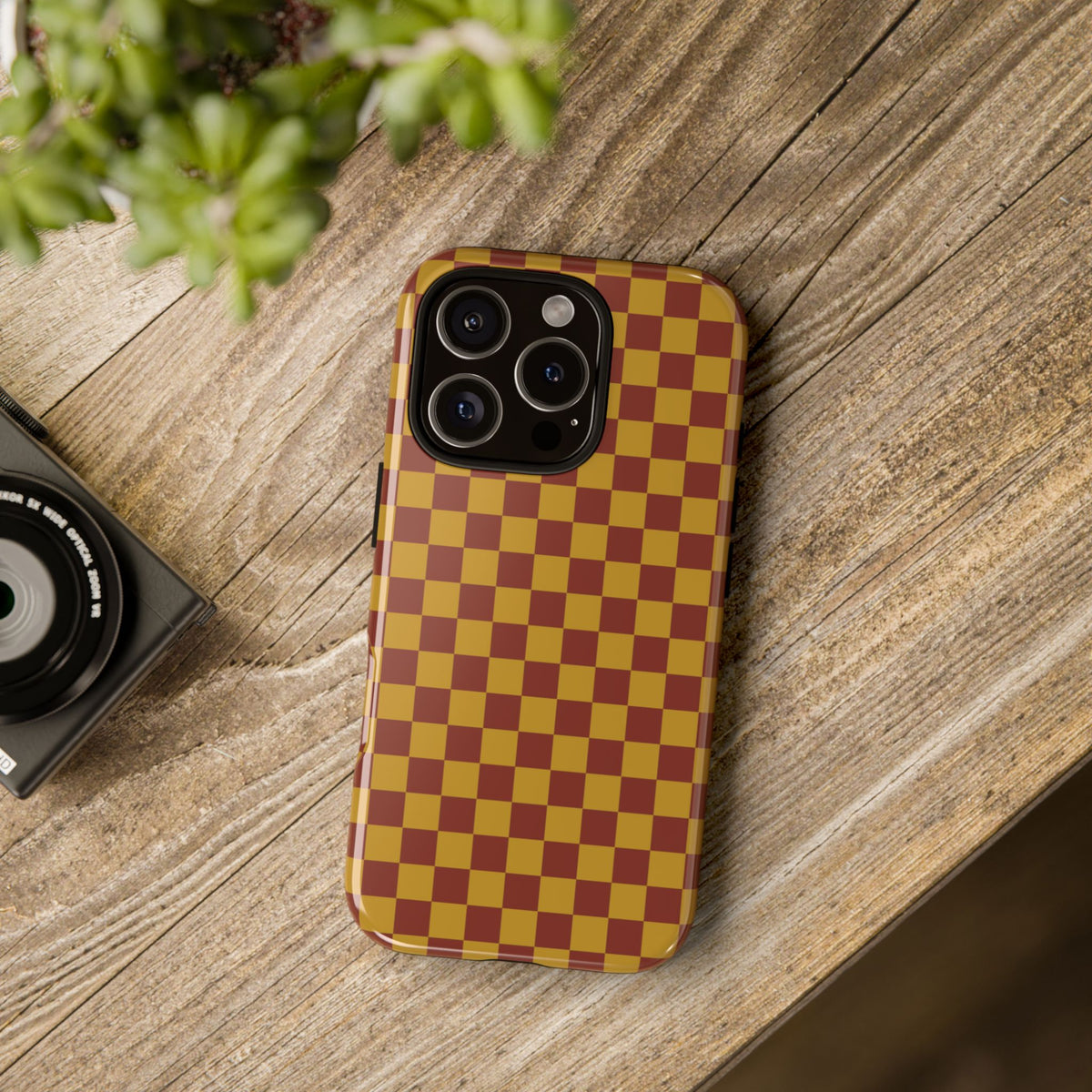 Trendy Mustard & Burgandy Small Checked Pattern Phone Case - Brown Phone Case