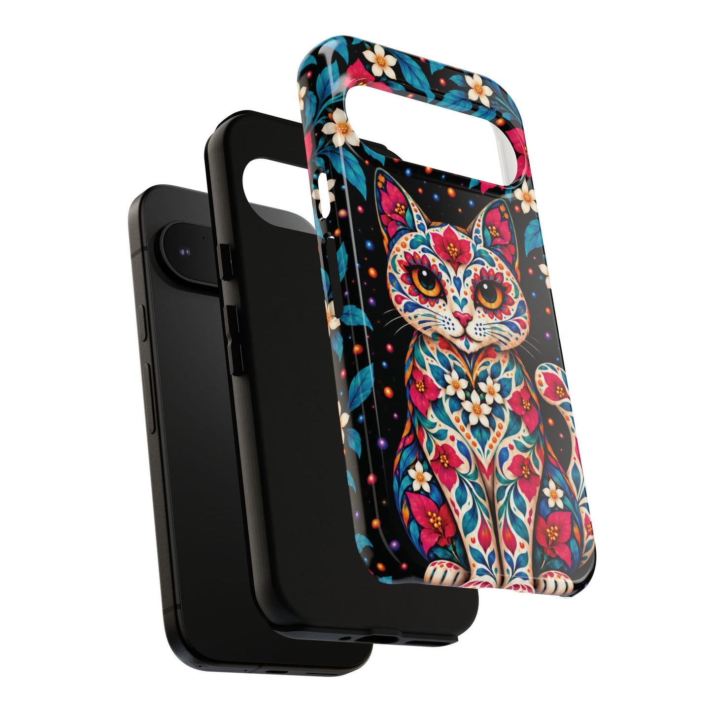 Vibrant Pink and Turquoise Calavera Cat Phone Case - Multicolor Phone Case