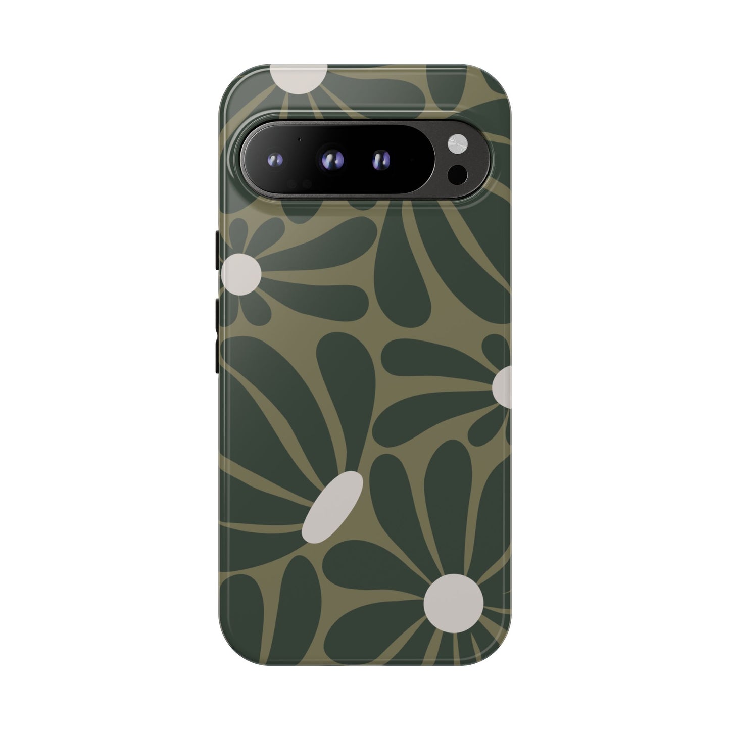 Google Pixel 9 Pro XL / Glossy Phone Case - ’Retro Olive Green Daisy Pattern’ Phone Case