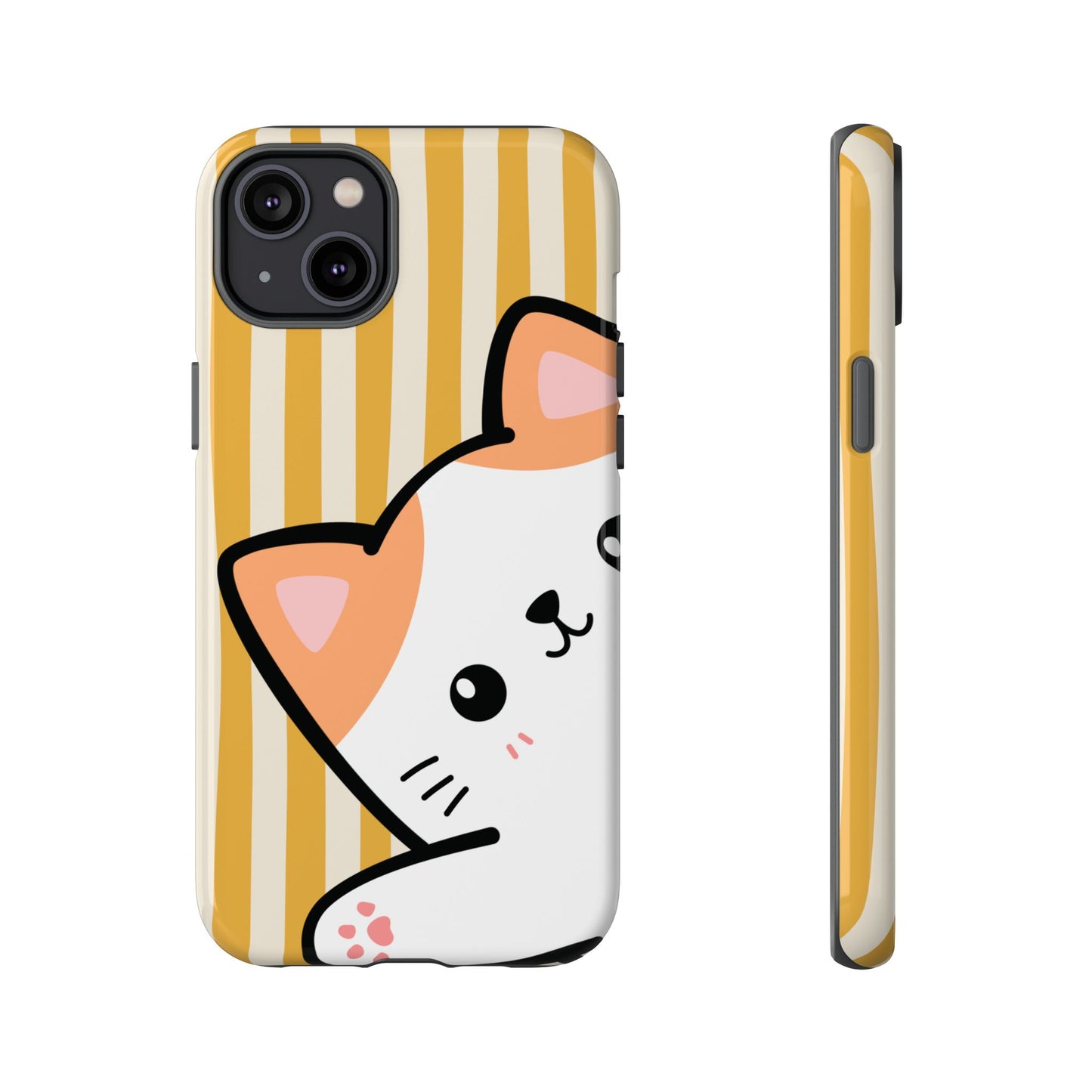 iPhone 14 Plus / Glossy Phone Case - Peakaboo Cat with Yellow Stripe Pattern Phone Case