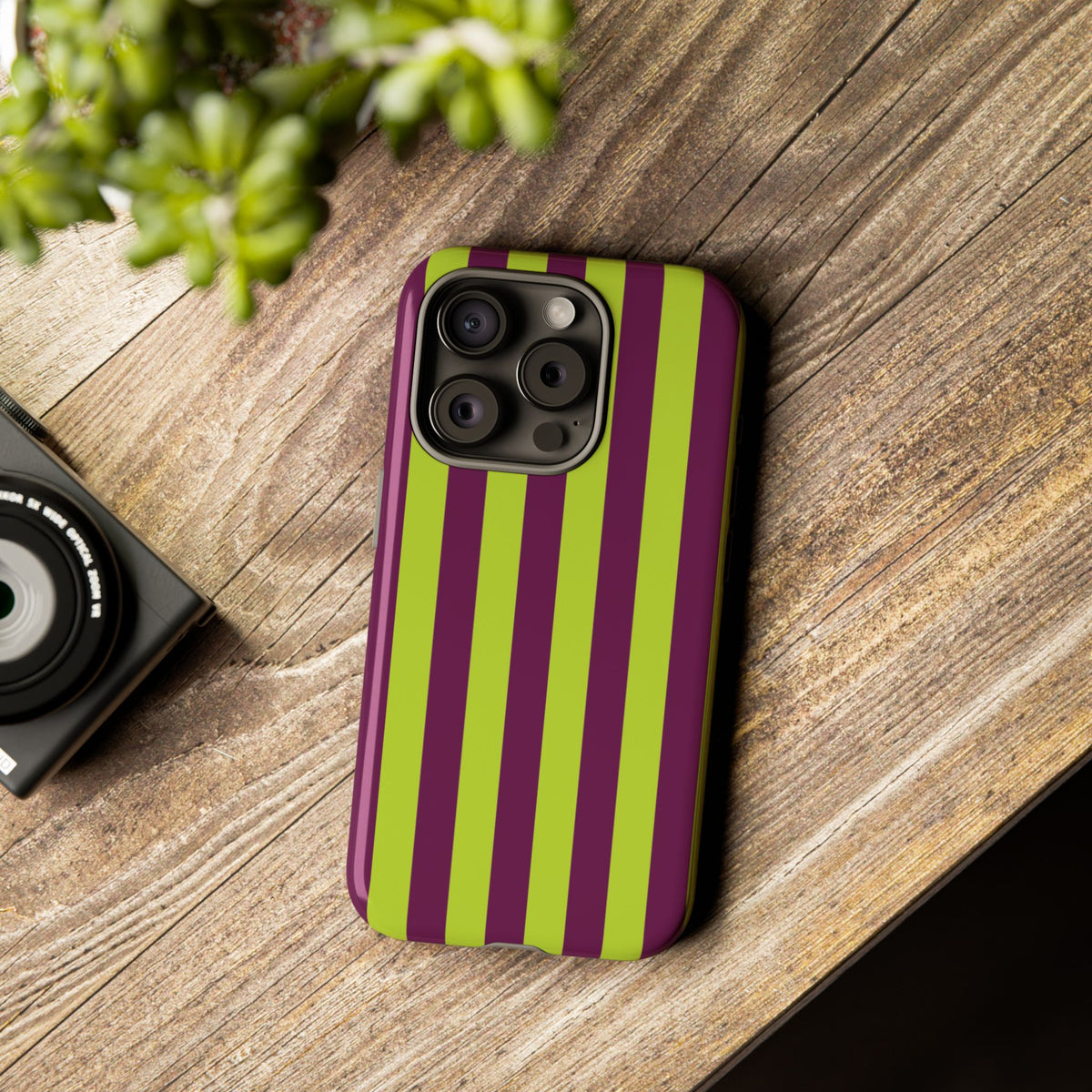 Trendy Neon Lime Green & Plum Stripe Pattern Phone Case - Green Phone Case