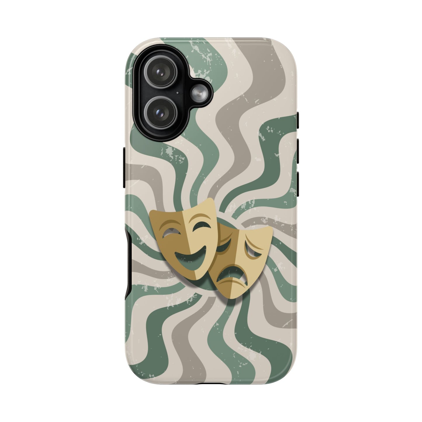iPhone 17 / Glossy Phone Case - Comedy & Tragedy Masks – Green Minimal Retro Wave Phone Case