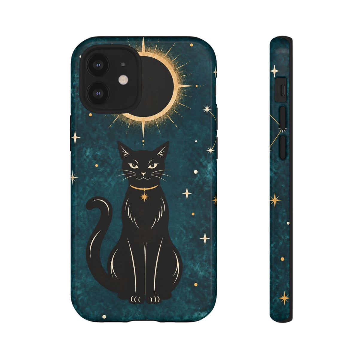 Whimsical Teal Celestial Black Cat Phone Case