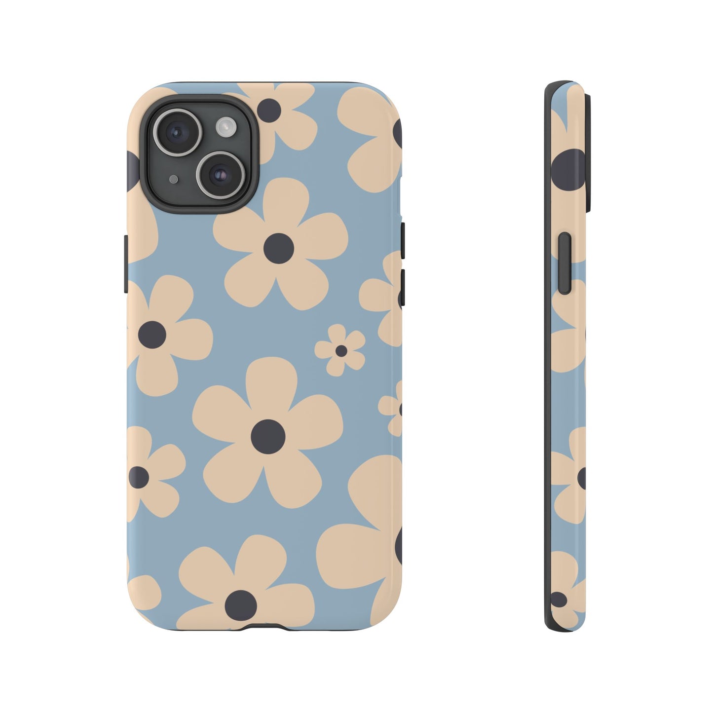 iPhone 15 Plus / Glossy Phone Case - Cute Light Blue & Cream Daisy Pattern Phone Case