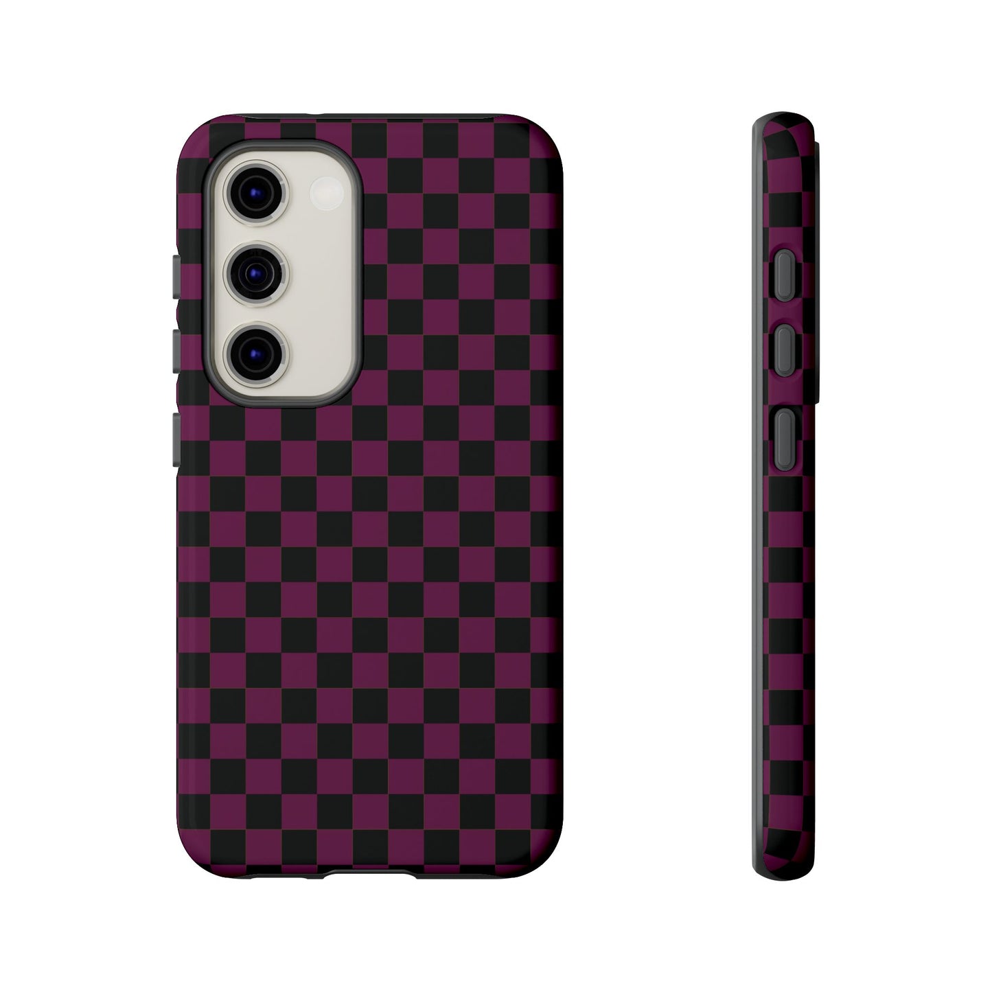 Samsung Galaxy S23 / Glossy Phone Case - Trendy Plum & Black Small Checked Pattern Phone Case
