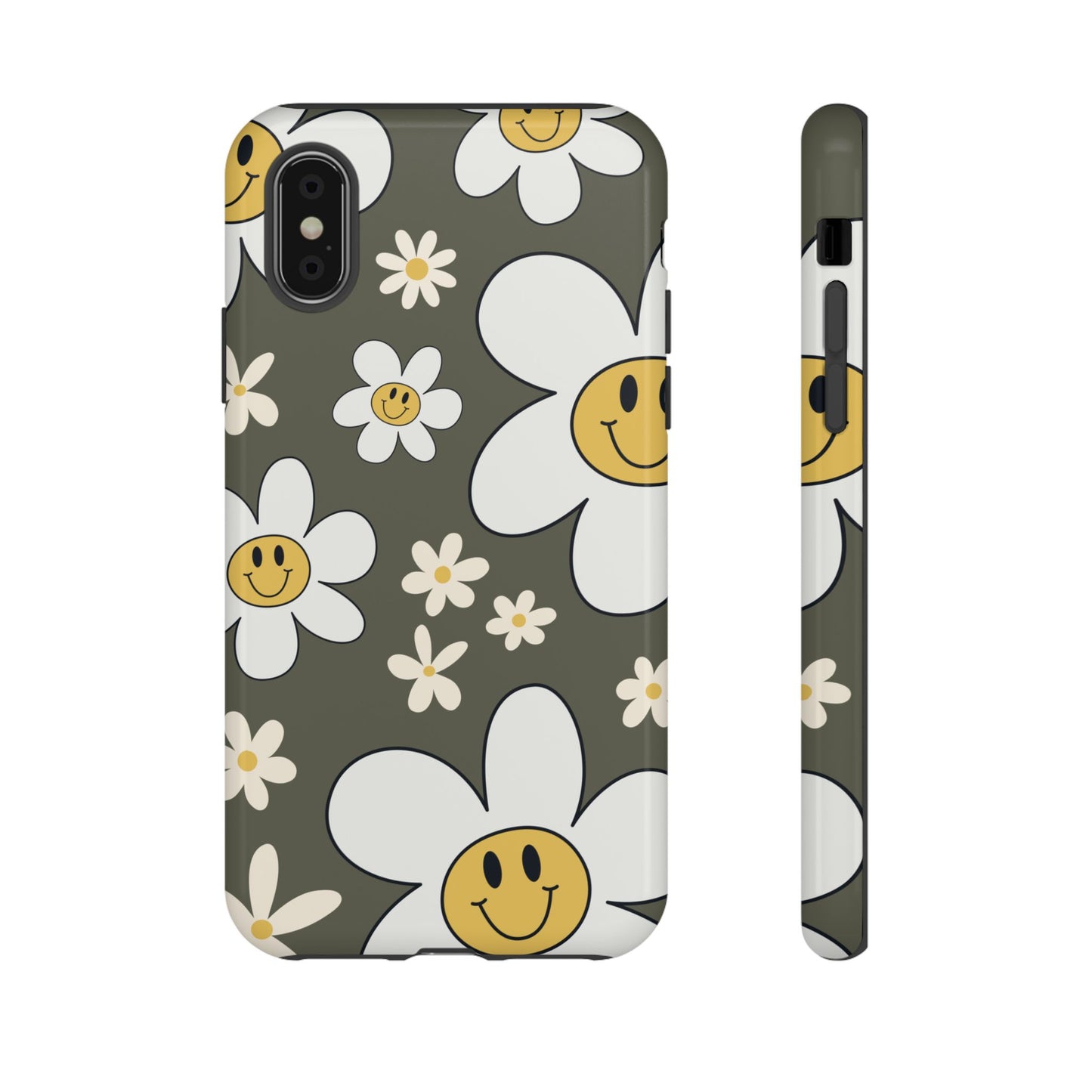 iPhone X / Glossy Phone Case - Fun Retro Daisy Pattern with Olive Green Background Phone Case