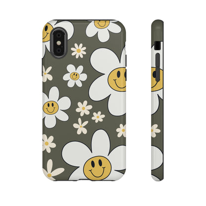 iPhone X / Glossy Phone Case - Fun Retro Daisy Pattern with Olive Green Background Phone Case
