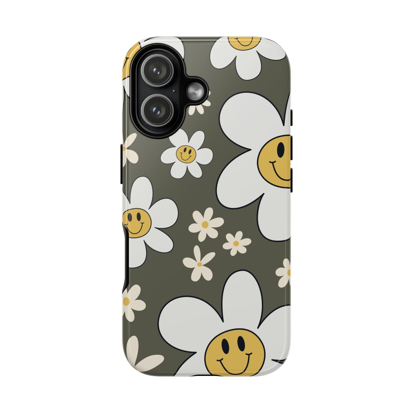 iPhone 17 / Glossy Phone Case - Fun Retro Daisy Pattern with Olive Green Background Phone Case