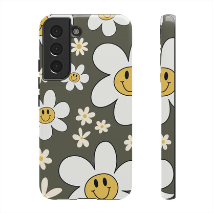 Fun Retro Daisy Pattern with Olive Green Background Phone Case - Green Phone Case - Samsung Galaxy S22 / Glossy