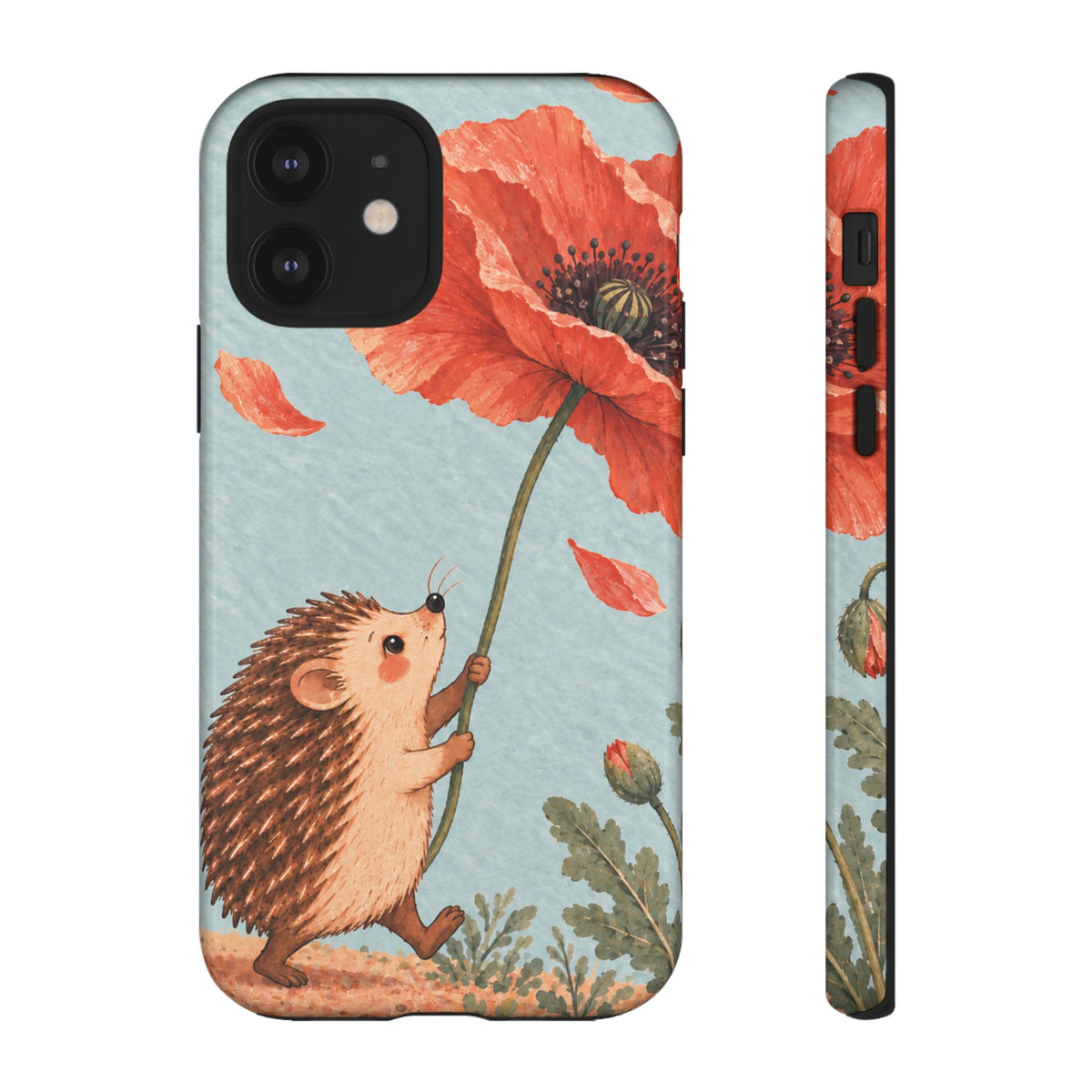 Whimsical Pale Blue Hedgehog and Poppy Phone Case - Blue Phone Case - iPhone 12 / Glossy