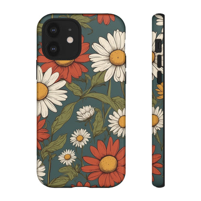 iPhone 12 / Glossy Phone Case - Boho Chic Daisies Floral Pattern ’White & Red’ Phone Case