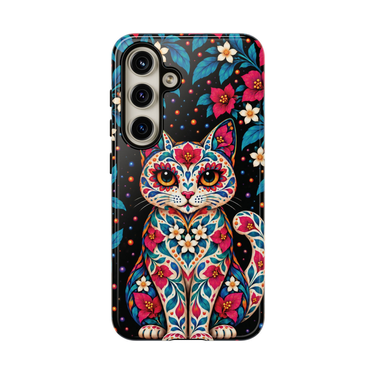 Vibrant Pink and Turquoise Calavera Cat Phone Case - Multicolor Phone Case - Samsung Galaxy S24 / Glossy