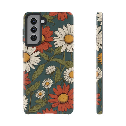 Samsung Galaxy S21 / Glossy Phone Case - Boho Chic Daisies Floral Pattern ’White & Red’ Phone Case