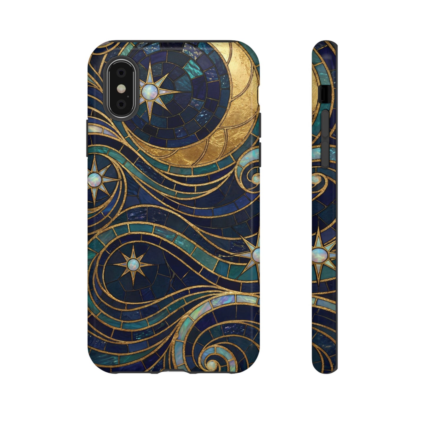 Elegant Navy & Gold Crescent Moon Mosaic Phone Case