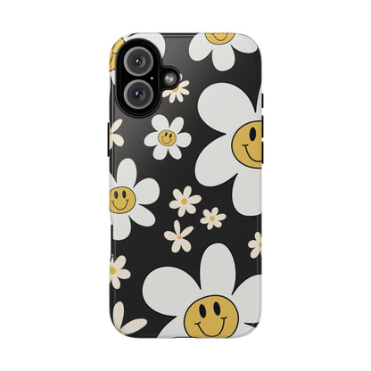 iPhone 16 Plus / Glossy Phone Case - Fun Retro Daisy Pattern with Dark Grey Background Phone Case