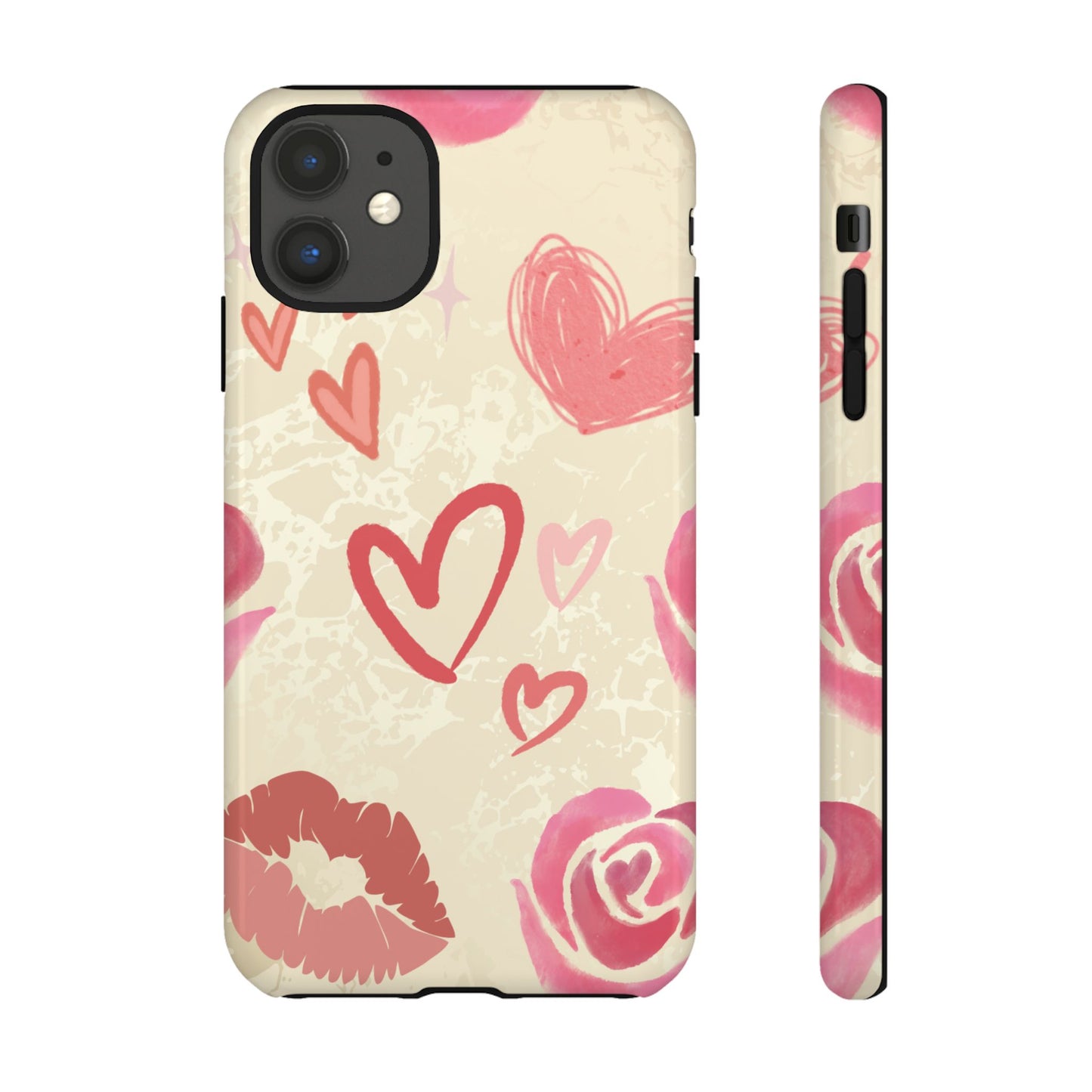 iPhone 11 / Glossy Phone Case - ’Pink Heart & Rose Pattern’ Phone Case