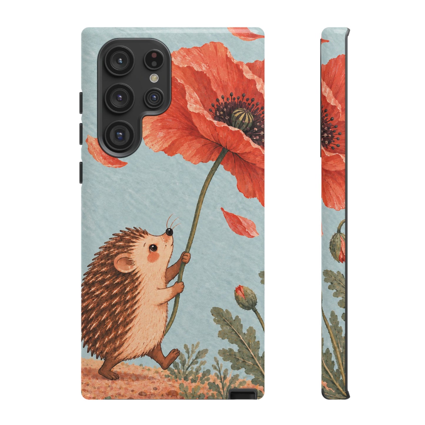 Whimsical Pale Blue Hedgehog and Poppy Phone Case - Blue Phone Case - Samsung Galaxy S22 Ultra / Glossy