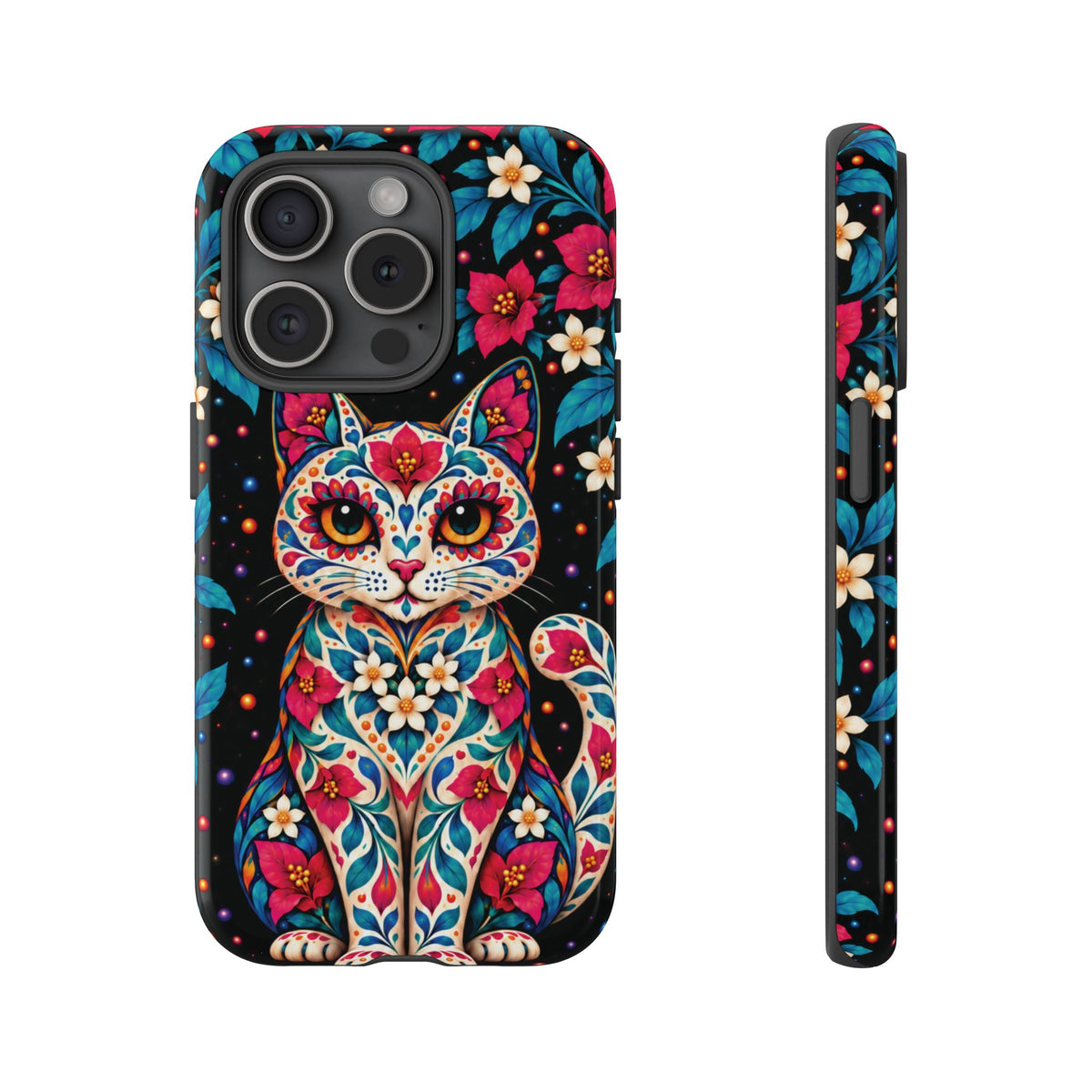 Vibrant Pink and Turquoise Calavera Cat Phone Case - Multicolor Phone Case - iPhone 15 Pro / Glossy