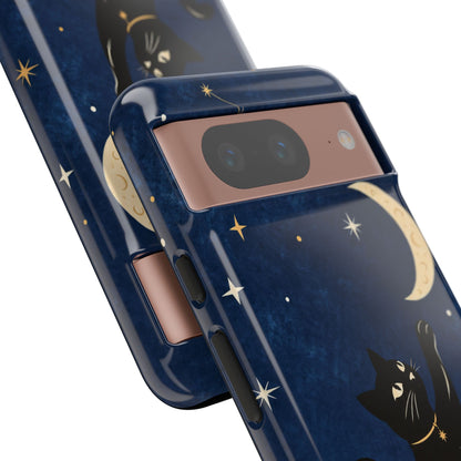 Whimsical Navy Blue Celestial Black Cat Phone Case