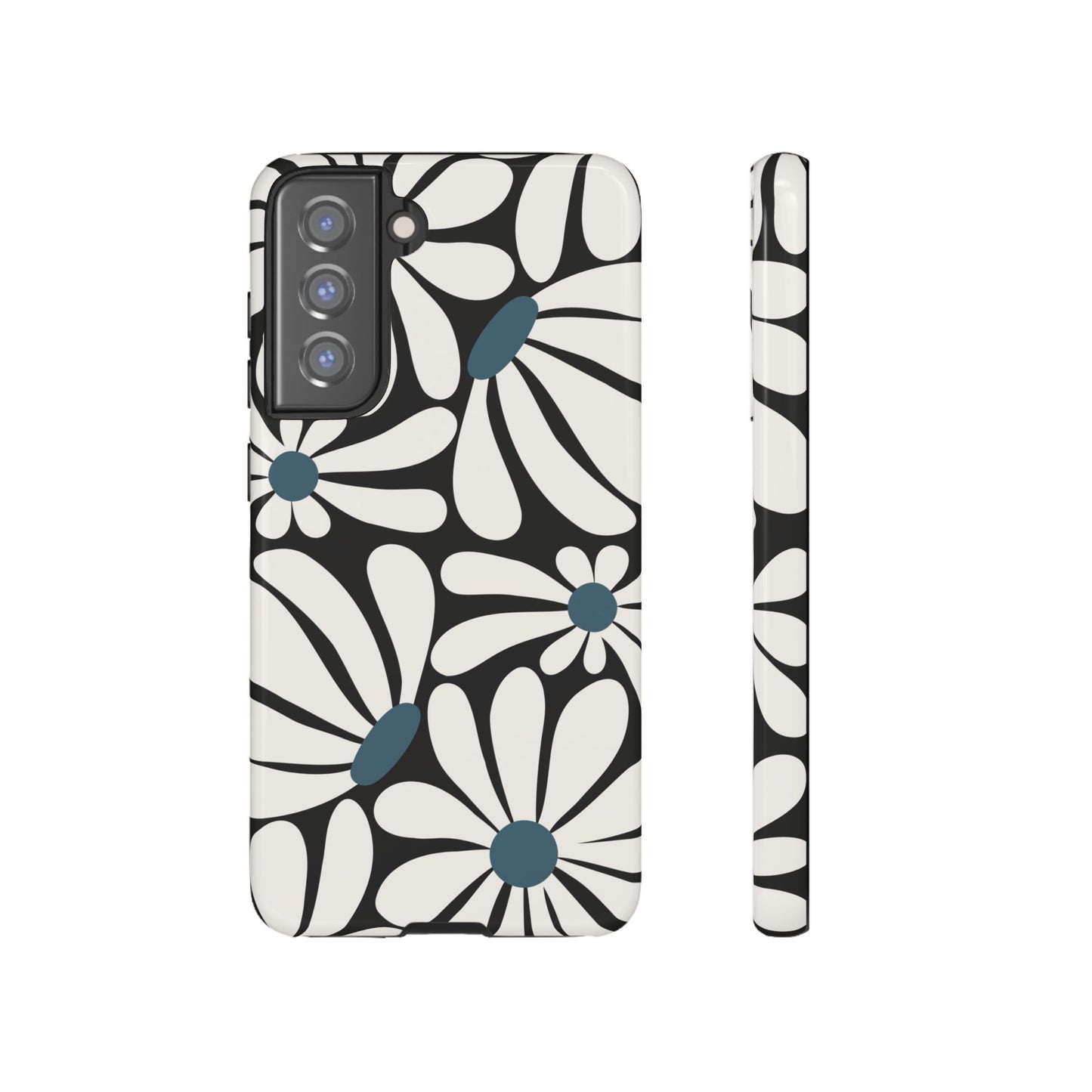Samsung Galaxy S21 FE / Glossy Phone Case - Retro Black Daisy Pattern Phone Case