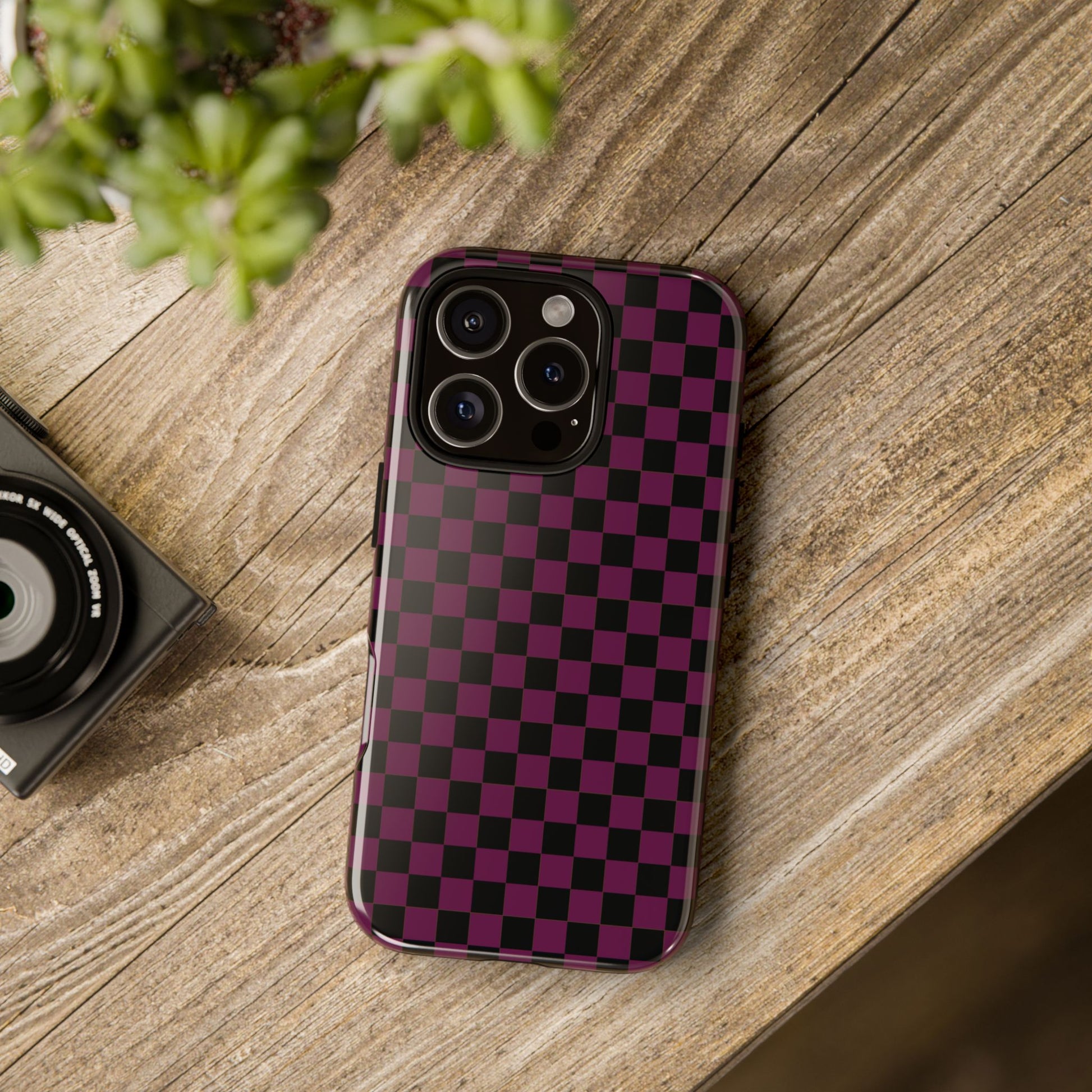 Phone Case - Trendy Plum & Black Small Checked Pattern Phone Case