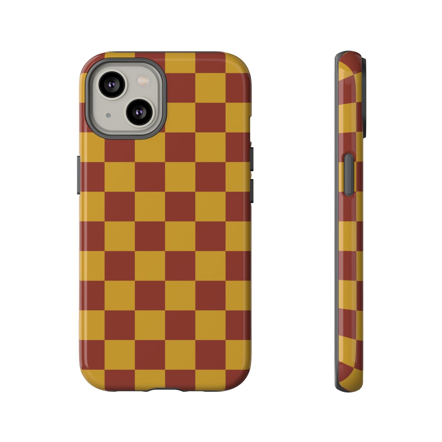 iPhone 14 / Glossy Phone Case - Trendy Mustard & Burgandy Checked Pattern Phone Case
