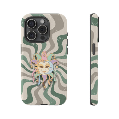 iPhone 15 Pro / Glossy Phone Case - Sun & Moon Jester Mask – Green Retro Wave Phone Case