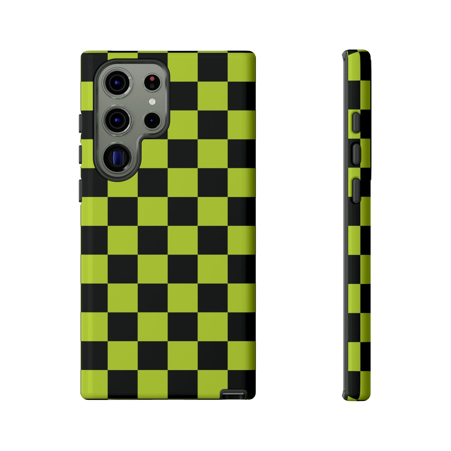 Samsung Galaxy S23 Ultra / Glossy Phone Case - Trendy Neon Lime Green & Black Checked Pattern Phone Case
