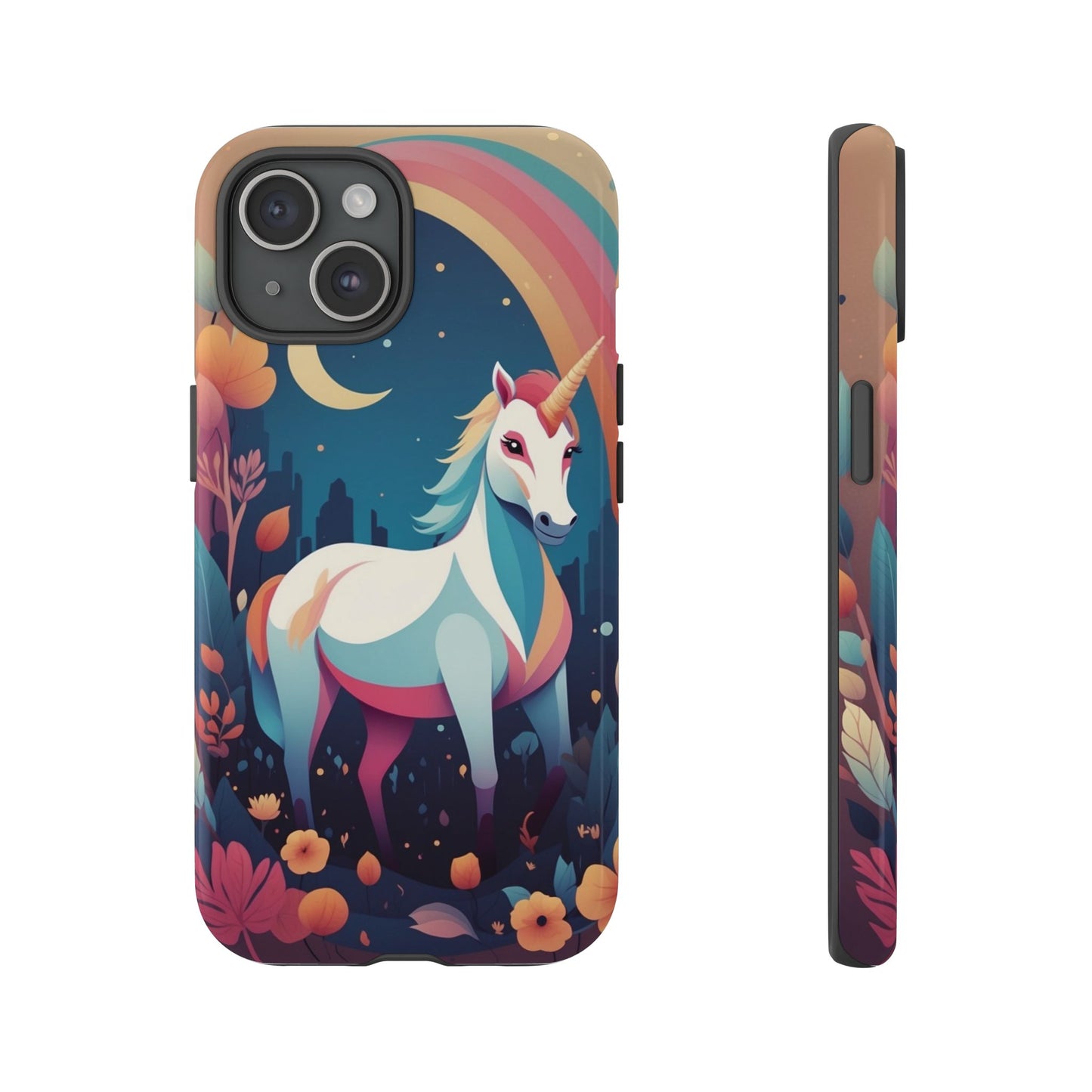 iPhone 15 / Glossy Phone Case - Stylised Unicorn & Rainbow Design Phone Case