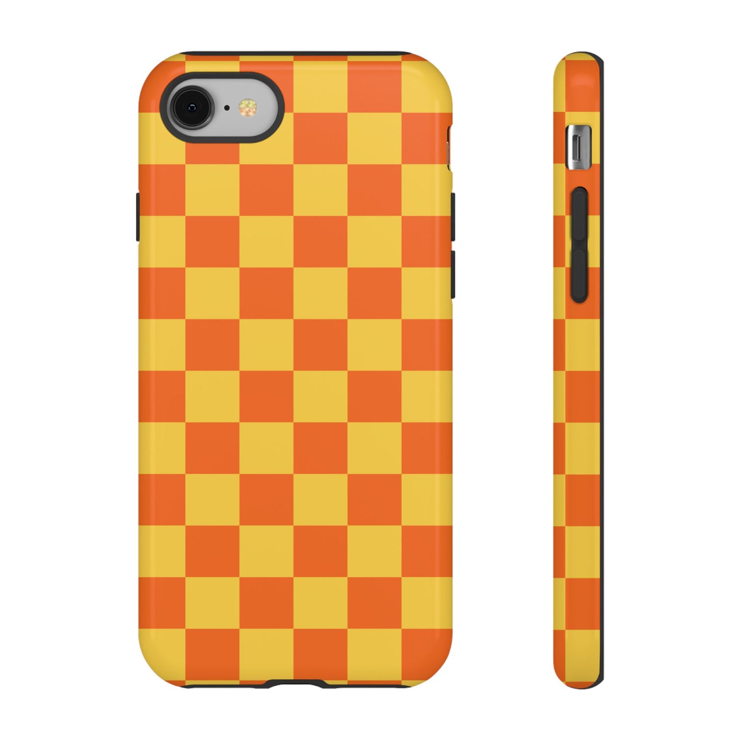 iPhone 8 / Glossy Phone Case - Trendy Orange & Yellow Checked Pattern Phone Case