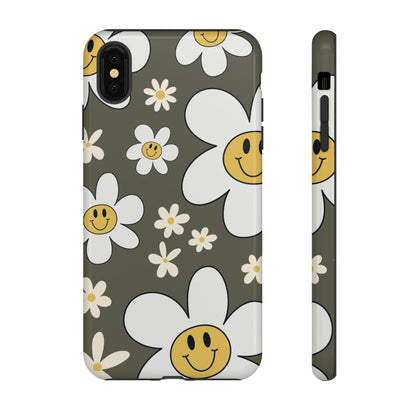 Fun Retro Daisy Pattern with Olive Green Background Phone Case - Green Phone Case - iPhone XS MAX / Glossy