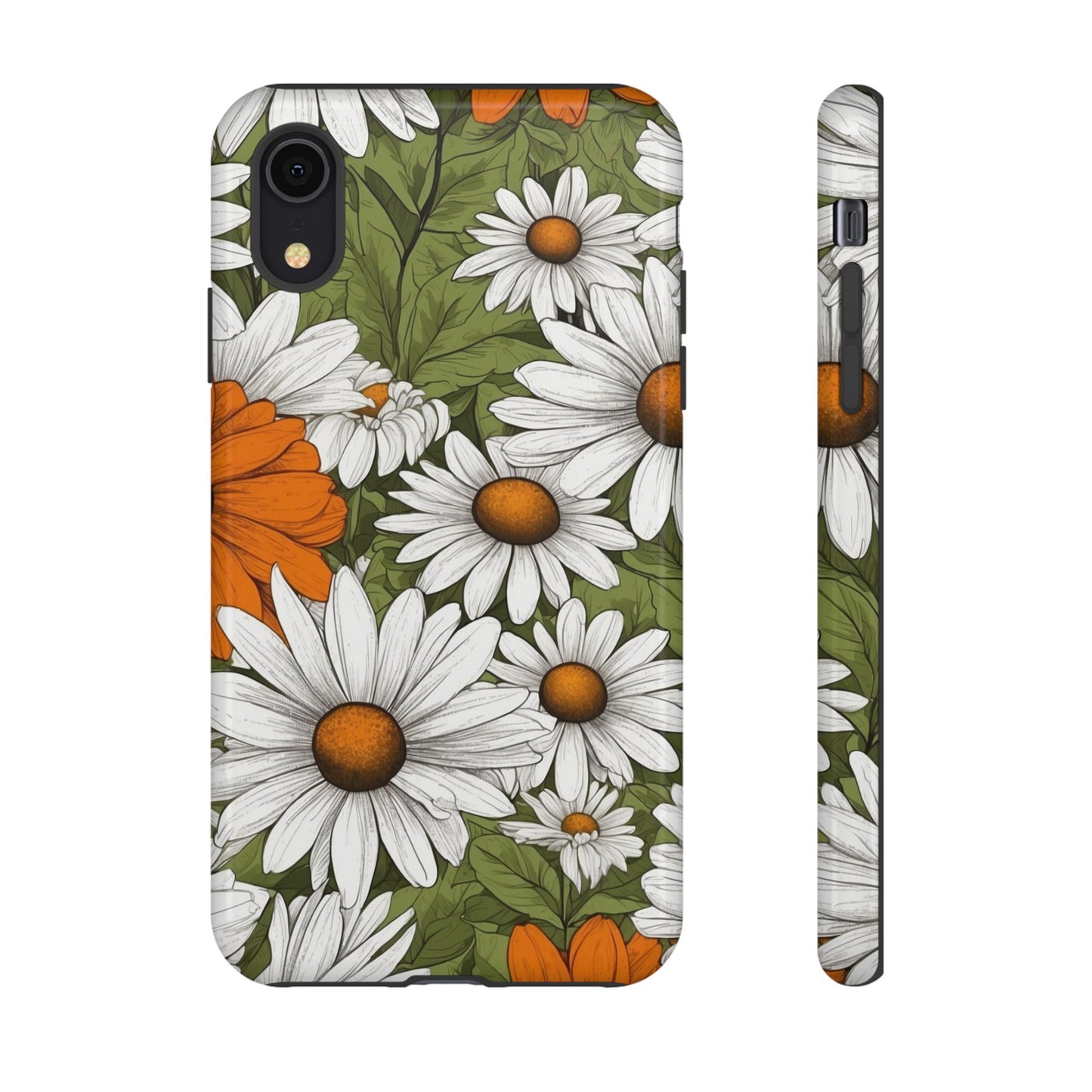 iPhone XR / Glossy Phone Case - Boho Chic Daisies Floral Pattern ’White Orange & Green’ Phone Case
