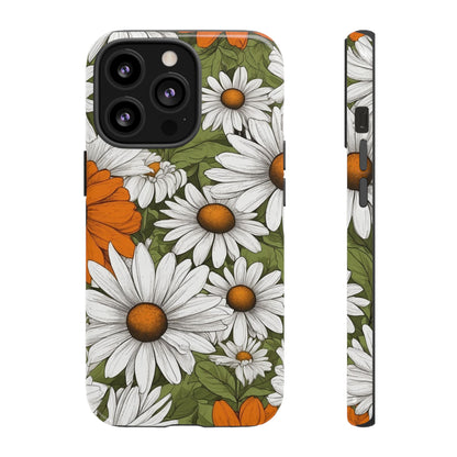 iPhone 13 Pro / Glossy Phone Case - Boho Chic Daisies Floral Pattern ’White Orange & Green’ Phone Case